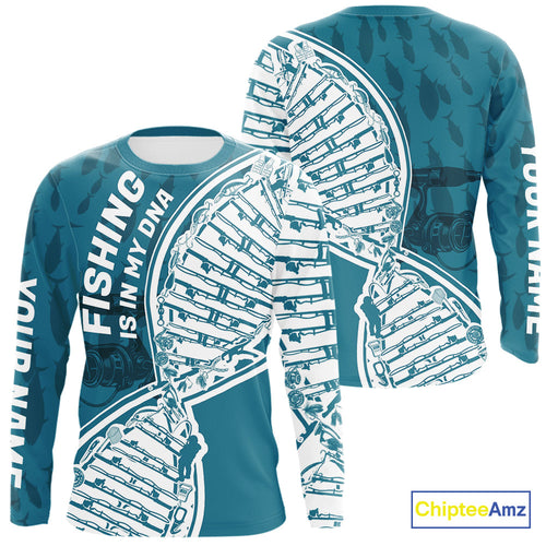 Aqua Blue Fishing Is In My DNA Custom Long Sleeve Fishing Shirts, Fishing Tools DNA IPHW9173