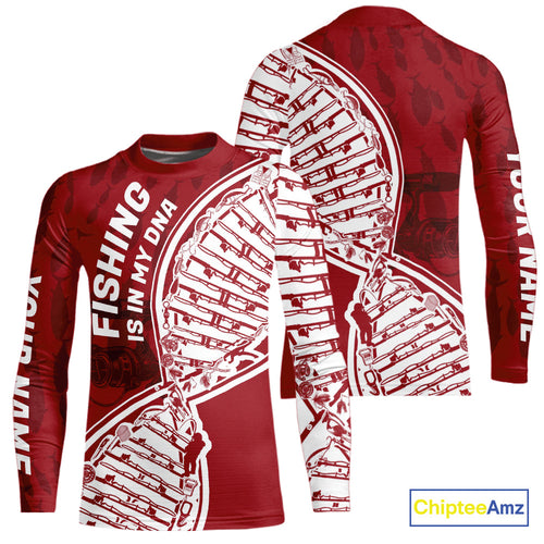 Red And White Fishing Is In My DNA Custom Kid Long Sleeve Fishing Shirts, Fishing Tools DNA IPHW9174