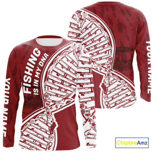 Red And White Fishing Is In My DNA Custom Long Sleeve Fishing Shirts, Fishing Tools DNA IPHW9174