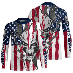 American Flag Custom Skull Long Sleeve Fishing Shirts, Patriotic Personalized Fishing Jersey IPHW6995