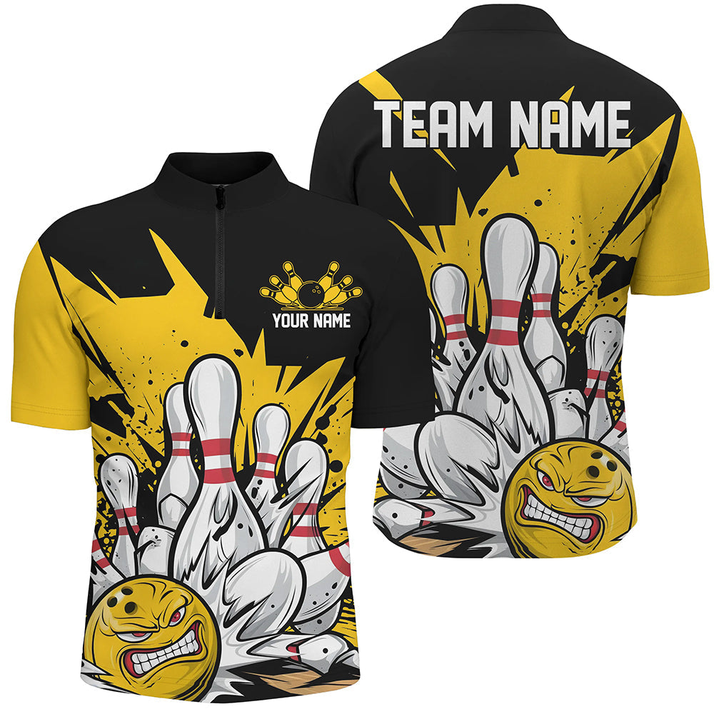 Black And Yellow Custom Funny Bowling Shirts For Men, Angry Bowling Ball Bowling Team Uniform IPHW7532