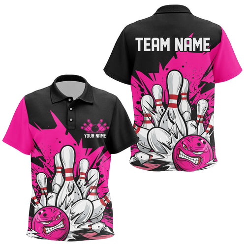 Black And Pink Custom Funny Bowling Kid Polo Shirts, Angry Bowling Ball Team Uniform IPHW7533