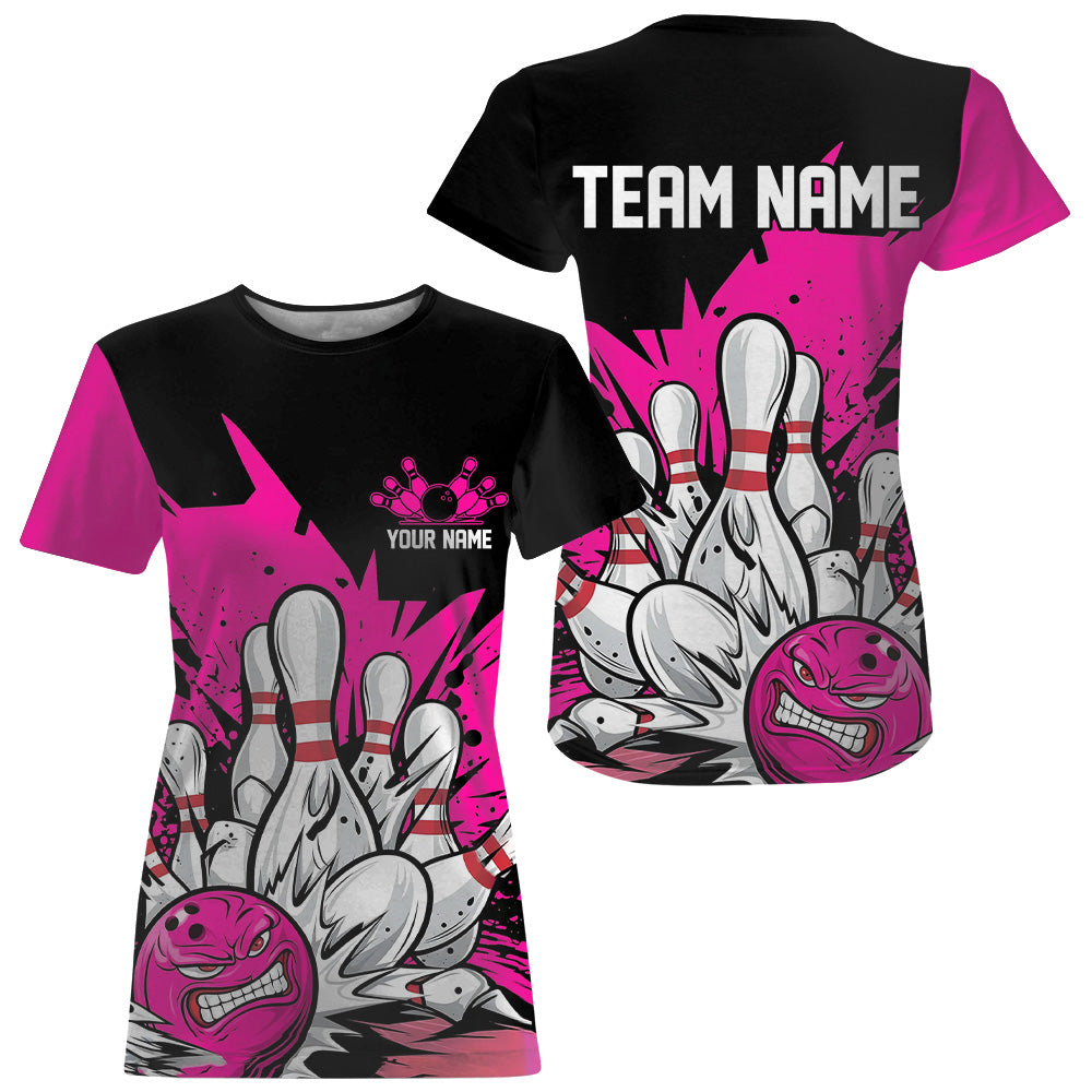 Black And Pink Custom Funny Bowling Women T-Shirts, Angry Bowling Ball Team Uniform IPHW7533