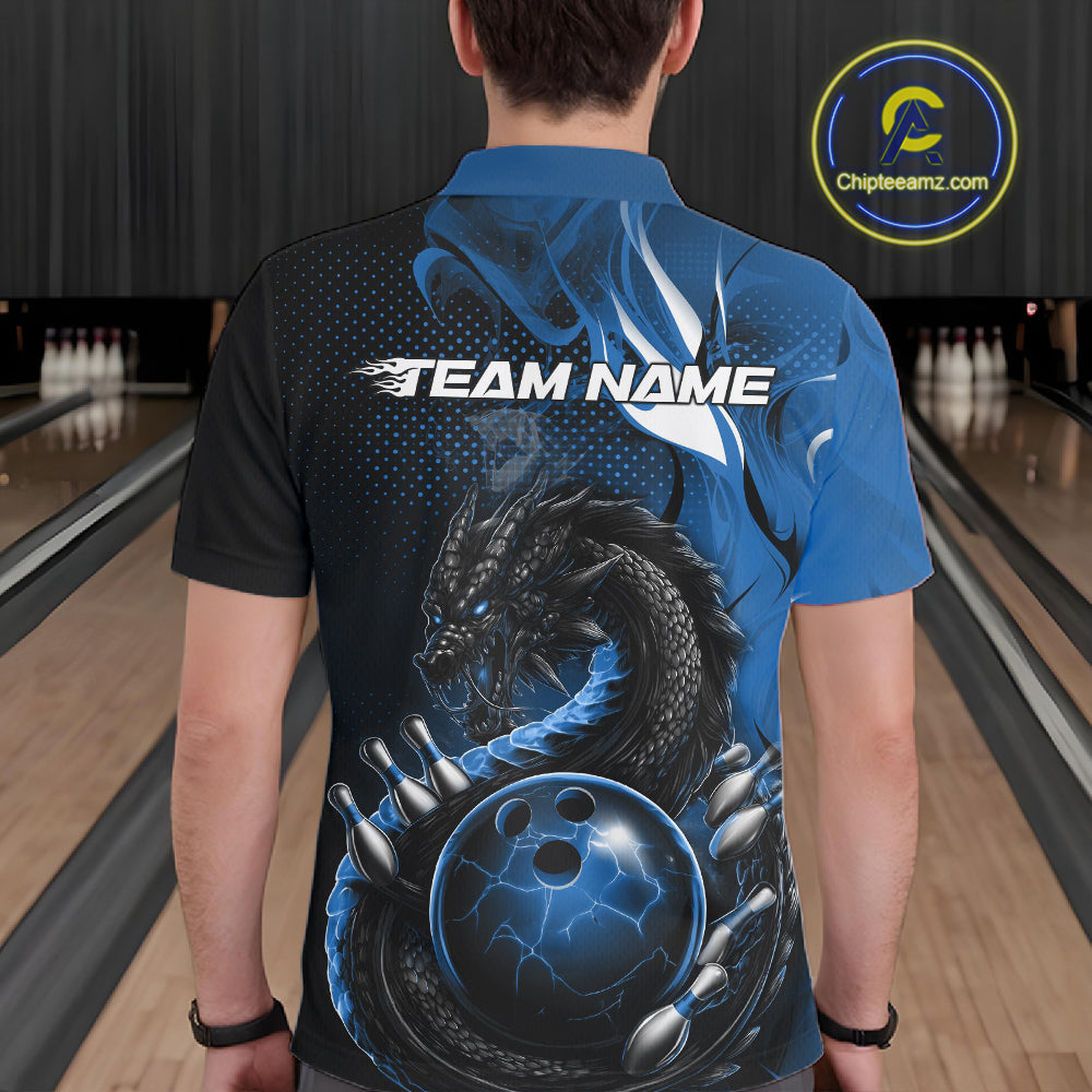 Custom Black And Blue Dragon Bowling Jerseys, Dragon Bowling Team Men Polo Shirt IPHW10268