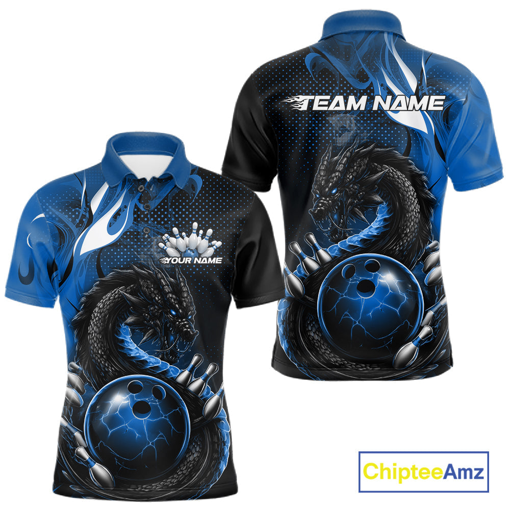 Custom Black And Blue Dragon Bowling Jerseys, Dragon Bowling Team Men Polo Shirt IPHW10268
