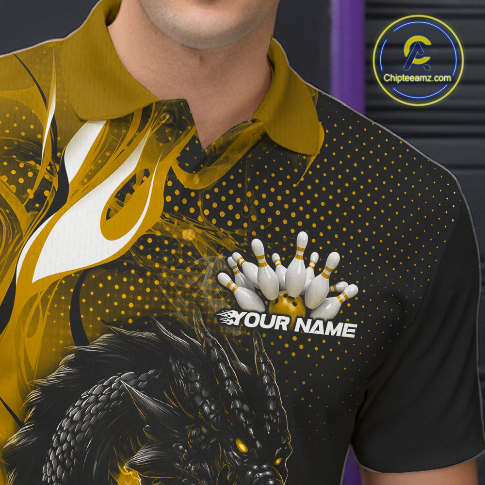 Custom Black And Yellow Dragon Bowling Jerseys, Dragon Bowling Team Men Polo Shirt IPHW10270