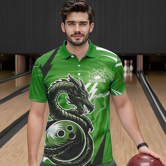 Custom Black And Green Thunder Lightning Dragon Bowling Jerseys Bowling Polo Shirts For Men IPHW8660
