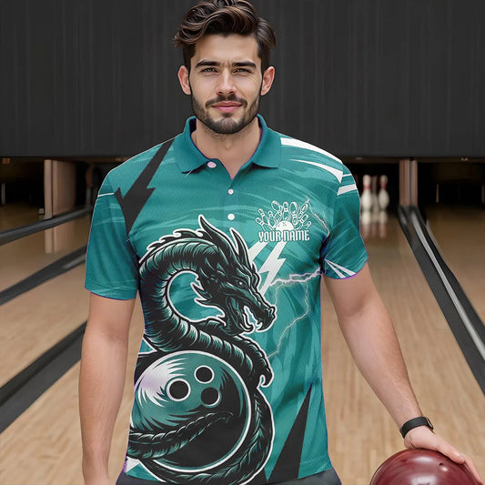 Custom Black And Blue Thunder Lightning Dragon Bowling Jerseys Bowling Polo Shirts For Men IPHW8661