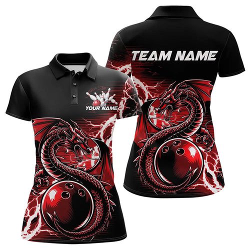 Custom Black And Red Thunder Lightning Dragon Bowling Womens Polo Shirts, Bowlers Outfits IPHW8662