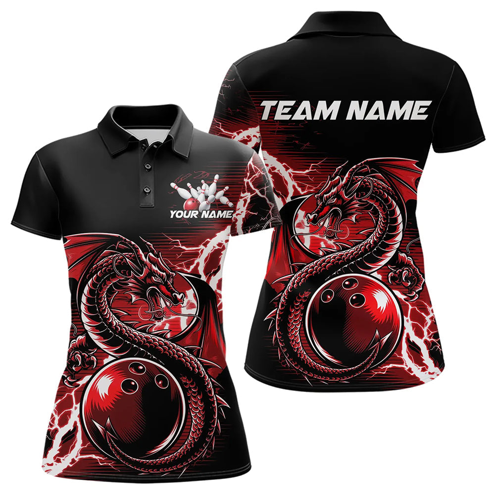 Custom Black And Red Thunder Lightning Dragon Bowling Womens Polo Shirts, Bowlers Outfits IPHW8662