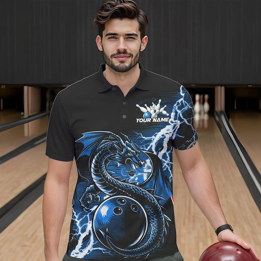 Custom Black And Blue Thunder Lightning Dragon Bowling Polo Shirts For Men, Bowlers Outfits IPHW8663