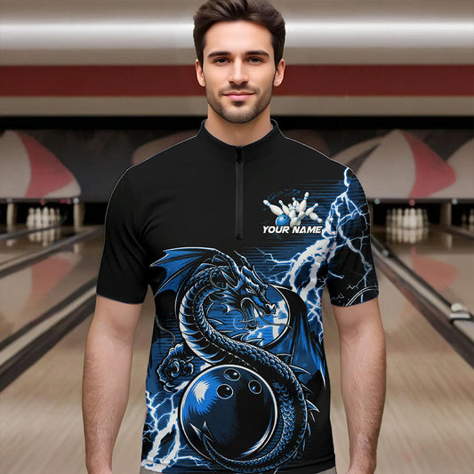 Custom Black And Blue Thunder Lightning Dragon Bowling Quarter-Zip Shirts For Men, Bowlers Outfits IPHW8663