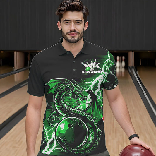 Custom Black And Green Thunder Lightning Dragon Bowling  Polo Shirts For Men, Bowlers Outfits IPHW8665