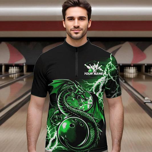 Custom Black And Green Thunder Lightning Dragon Bowling  Quarter-Zip Shirts For Men, Bowlers Outfits IPHW8665