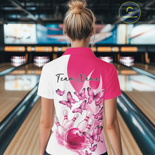 Load image into Gallery viewer, Back view of a female model wearing a white and pink bowling quarter zip with butterfly graphics and bowling artwork