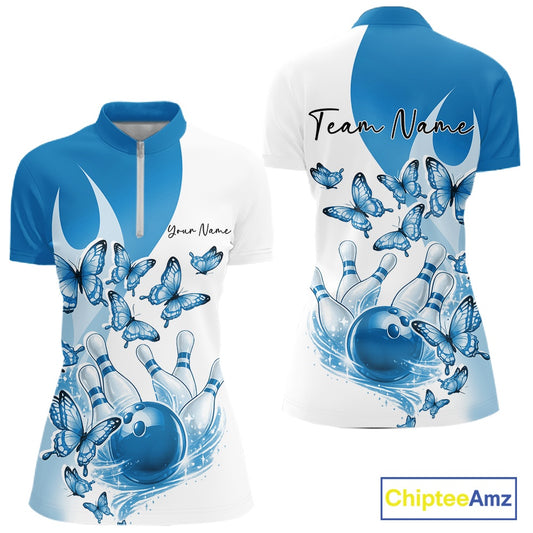 Front and back mockup of a womens white and blue bowling quarter zip with butterfly artwork and bowling-themed graphics