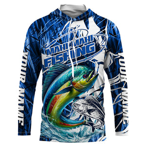 Custom Mahi Mahi Performance Fishing Shirts, Mahimahi Long Sleeve Fishing Shirts | Blue Camo IPHW6839