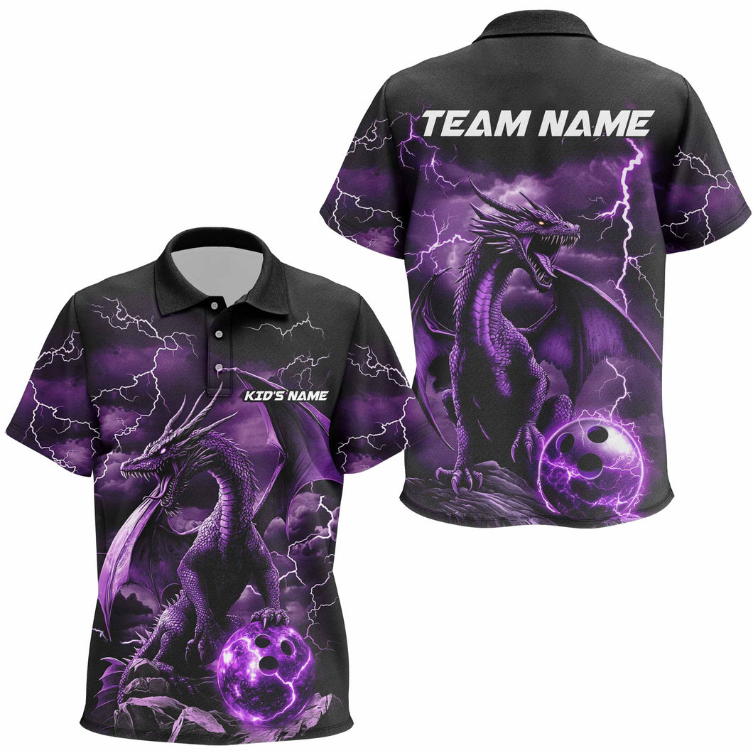 Black And Purple Thunder Lightning Custom Dragon Bowling Team Shirts For Kid, Bowling Uniform IPHW7992