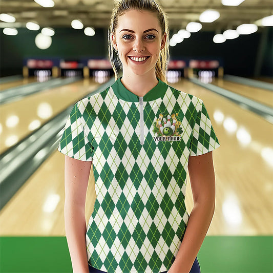 Custom St Patricks Day Argyle Womens Bowling Quarter-Zip Shirts, Paddys Day Team Outfits IPHW8682