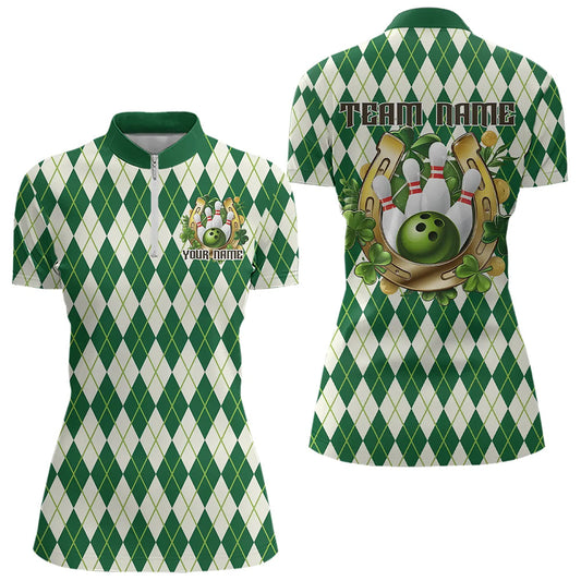 Custom St Patricks Day Argyle Womens Bowling Quarter-Zip Shirts, Paddys Day Team Outfits IPHW8682