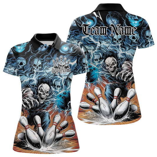 Custom Rock Style Skull Bowling Polo Shirts For Women, Funny Skeleton Bowlers Outfit IPHW8934