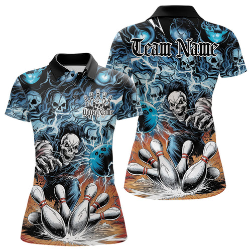 Custom Rock Style Skull Bowling Polo Shirts For Women, Funny Skeleton Bowlers Outfit IPHW8934