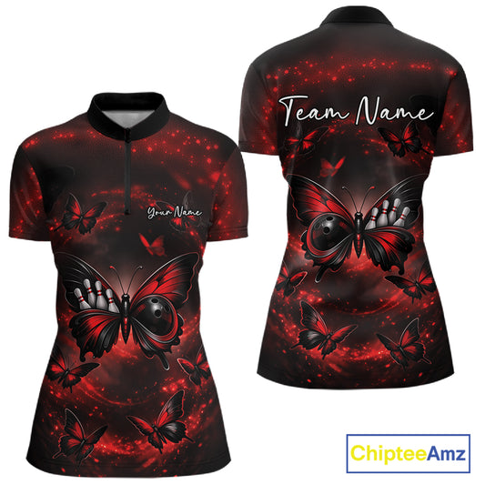 Front and back mockup of a women’s bowling quarter-zip shirt decorated with a red and black butterfly featuring a bowling ball body and smoky backdrop.