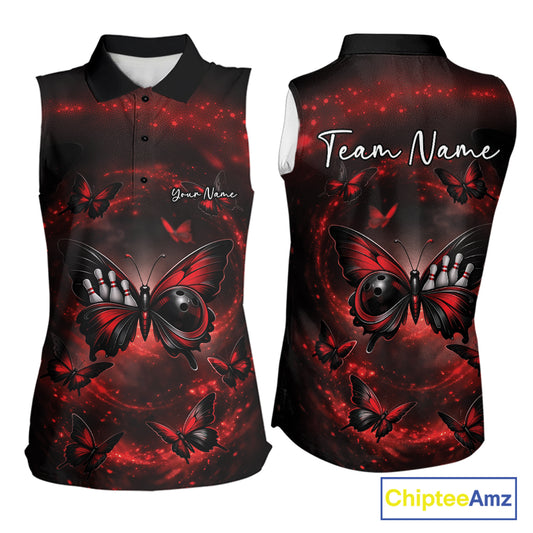 Front and back view of a women’s sleeveless bowling shirt decorated with a red and black butterfly, bowling ball body artwork, and smoky graphics.