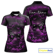 Load image into Gallery viewer, Front and back display of a women’s bowling polo shirt showcasing a purple and black butterfly with a bowling ball body on a smoky background.