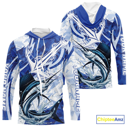 Blue Camo Anchor Custom Sailfish Saltwater Long Sleeve Hooded Performance Fishing Shirts IPHW9181