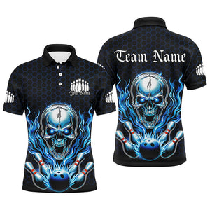 Custom Blue Flame Bowling Polo Shirts For Men, Halloween Skull Bowling Shirt Bowling Outfit IPHW6858