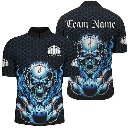 Custom Blue Flame Bowling Quarter Zip Shirts For Men, Halloween Skull Bowling Shirt Bowling Outfit IPHW6858