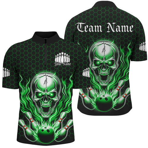 Custom Green Flame Bowling Quarter Zip Shirts For Men, Halloween Skull Bowling Shirt Bowling Outfit IPHW6859