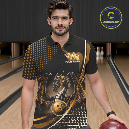 Custom Yellow Dragon Bowling Jerseys, Mystical Bowling Team Uniform Polo Shirts For Men IPHW9535