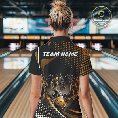 Custom Yellow Dragon Bowling Jersey, Bowling Team Uniform Women Quarter-Zip Shirt IPHW9535