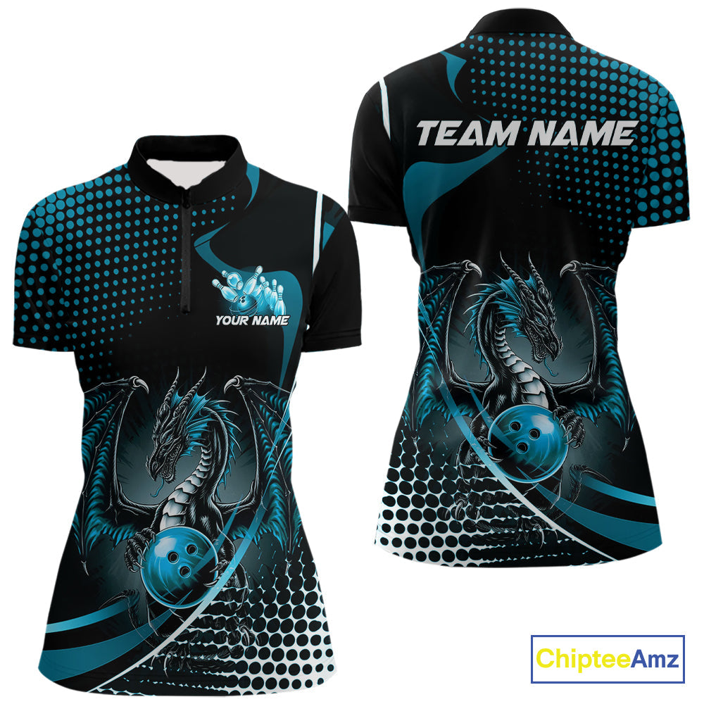Custom Red Dragon Bowling Jerseys, Mystical Bowling Team Uniform Women Quarter-Zip Shirt IPHW9536