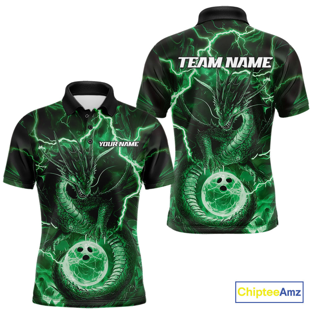 Custom Green Thunder Lightning Dragon Bowling Polo Shirts For Men, Team Uniform IPHW9759