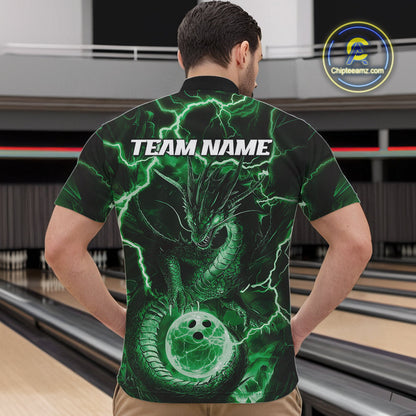 Custom Green Thunder Lightning Dragon Bowling Quarter-Zip Shirts For Men, Team Uniform IPHW9759