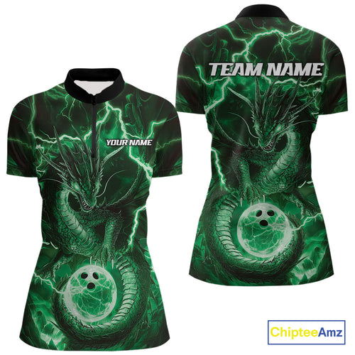 Custom Green Thunder Lightning Dragon Bowling Quarter-Zip Shirts For Women, Team Uniform IPHW9759