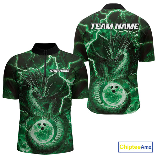 Custom Green Thunder Lightning Dragon Bowling Quarter-Zip Shirts For Men, Team Uniform IPHW9759