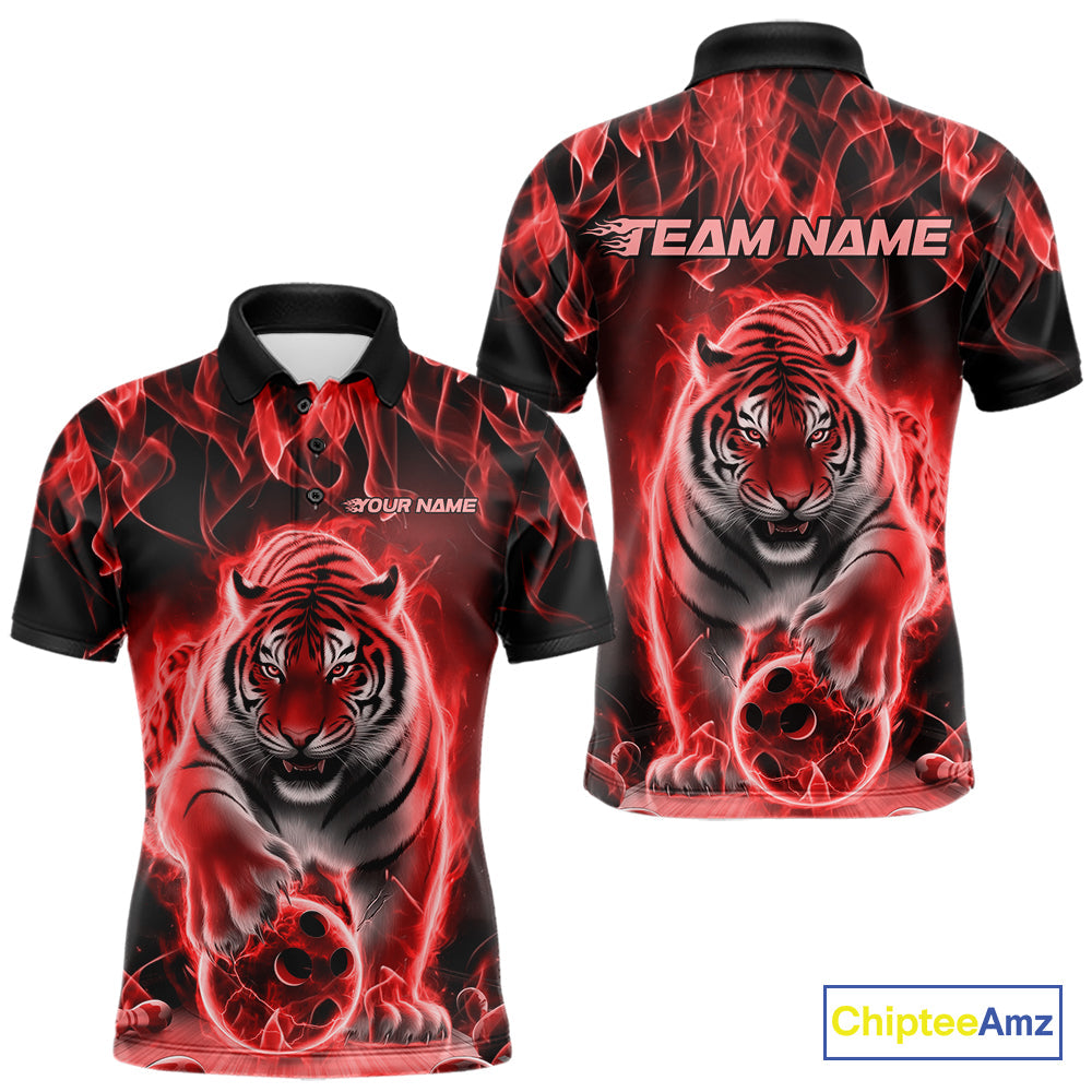 Custom Red Flame Tiger Bowling Polo Shirts For Men, Tiger Bowling Team Shirt IPHW9762