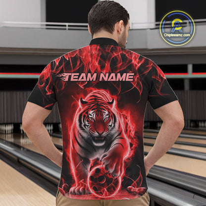 Custom Red Flame Tiger Bowling Quarter-Zip Shirts For Men, Tiger Bowling Team Shirt IPHW9762