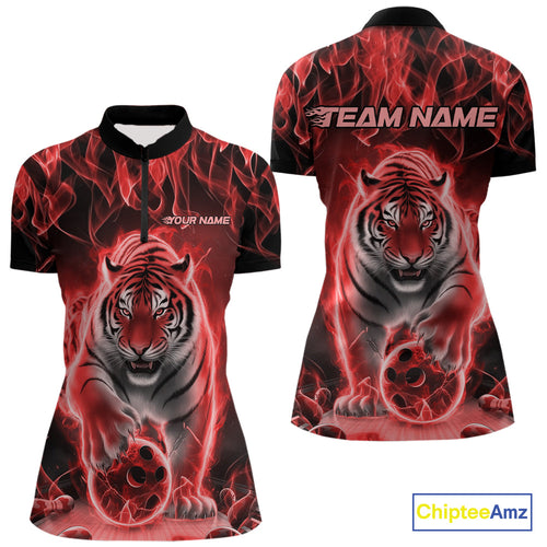 Custom Red Flame Tiger Bowling Quarter-Zip Shirts For Women, Tiger Bowling Team Shirt IPHW9762