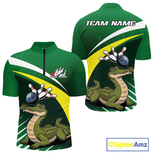 Custom Funny Green Alligator Bowling Quarter-Zip Shirt For Men, Bowling League Shirt For Team IPHW9926