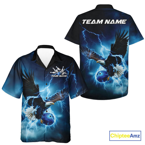 Custom Blue Thunder Lightning Eagle Bowling Men And Women Hawaiian Shirts, Eagle Bowling Team Jerseys IPHW10146