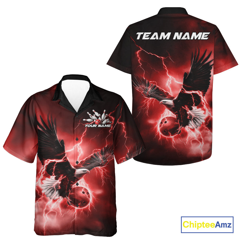 Custom Red Thunder Lightning Eagle Bowling Men And Women Hawaiian Shirts, Eagle Bowling Team Jerseys IPHW10147