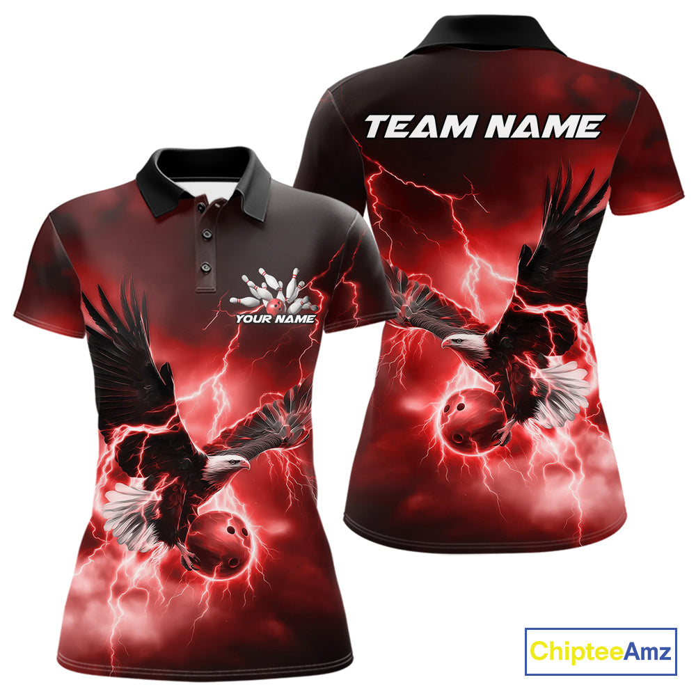 Custom Red Thunder Lightning Eagle Bowling Women Polo Shirts, Eagle Bowling Team Jerseys IPHW10147