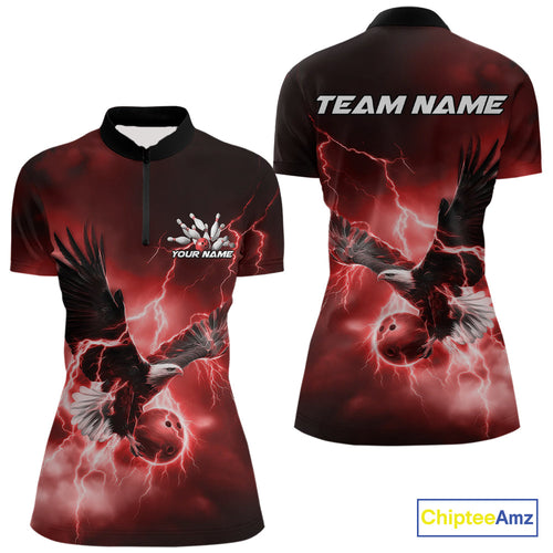 Custom Red Thunder Lightning Eagle Women Bowling Shirts, Eagle Bowling Team Jerseys IPHW10147