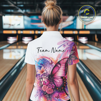 Custom Colorful Butterfly And Roses Flowers Bowling Women Polo Shirts With Name IPHW10298