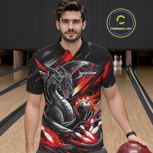 Personalized Black And Red Dragon Bowling Team Jerseys, Dragon Bowling Polo Shirt IPHW10299